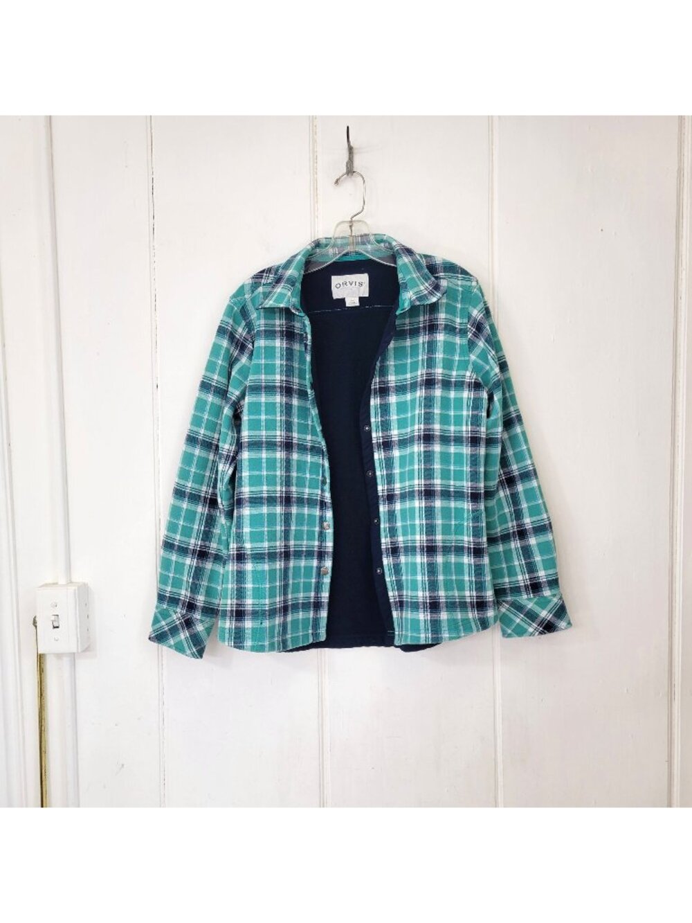 Orvis Classic Collection Green & Navy Plaid Fleece-Lined Snap Front Shirt Shacke